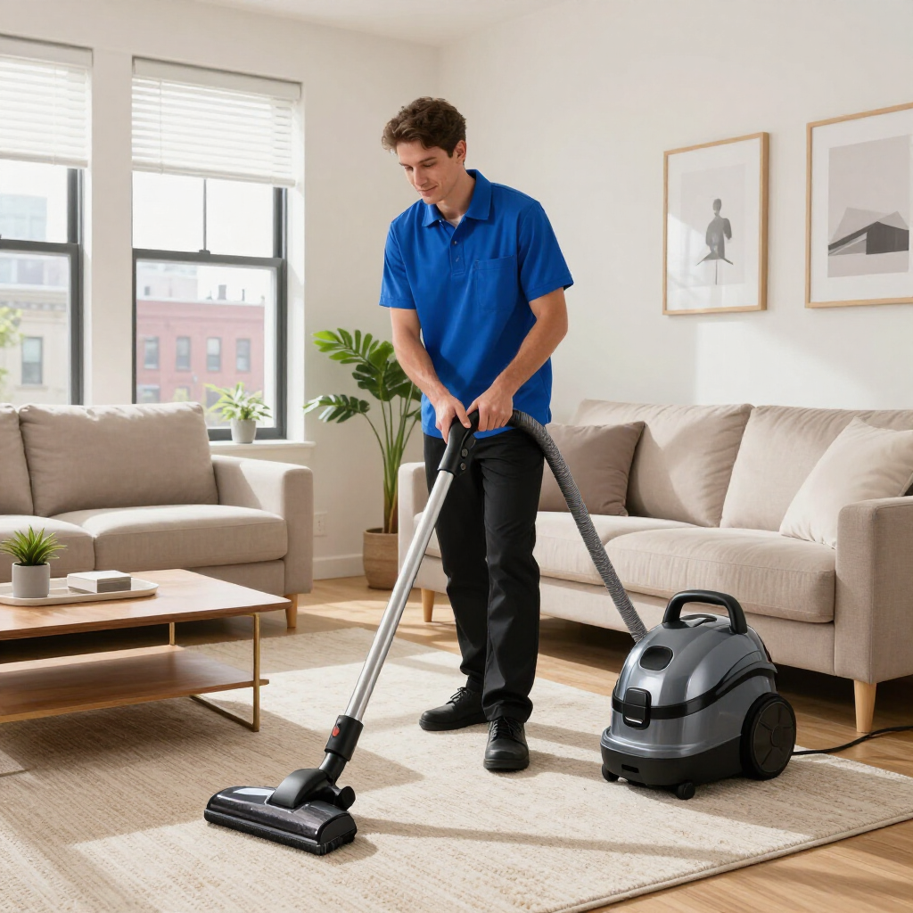 Person vacuuming a beige rug in a bright living room, with a canister vacuum nearby.