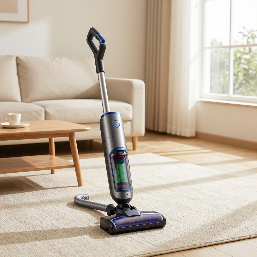 Cordless stick vacuum standing on a light carpet in a sunlit living room
