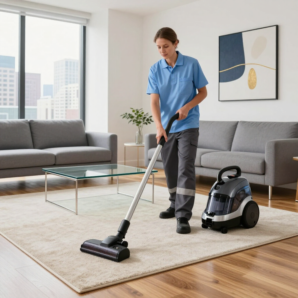 Person vacuuming a beige rug in a bright living room beside a canister vacuum and gray sofas