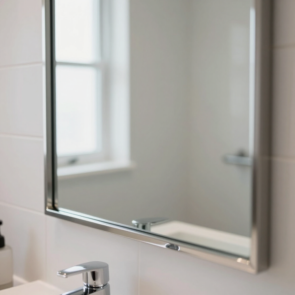 Bathroom mirror above a chrome faucet and sink, with a window reflected in the glass.