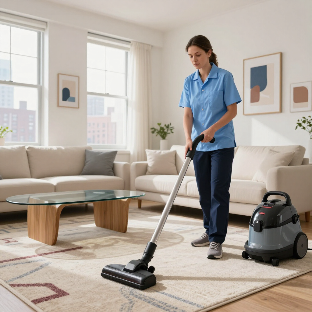 Woman vacuuming a beige rug in a bright living room with a gray canister vacuum nearby