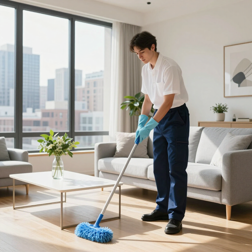 Person mopping a bright living room with a blue mop near a sofa and coffee table