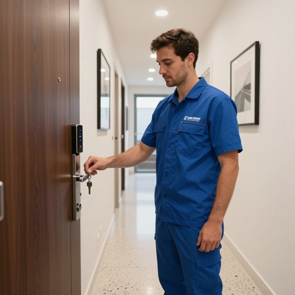 Maintenance worker in blue uniform unlocking a door in a hallway.