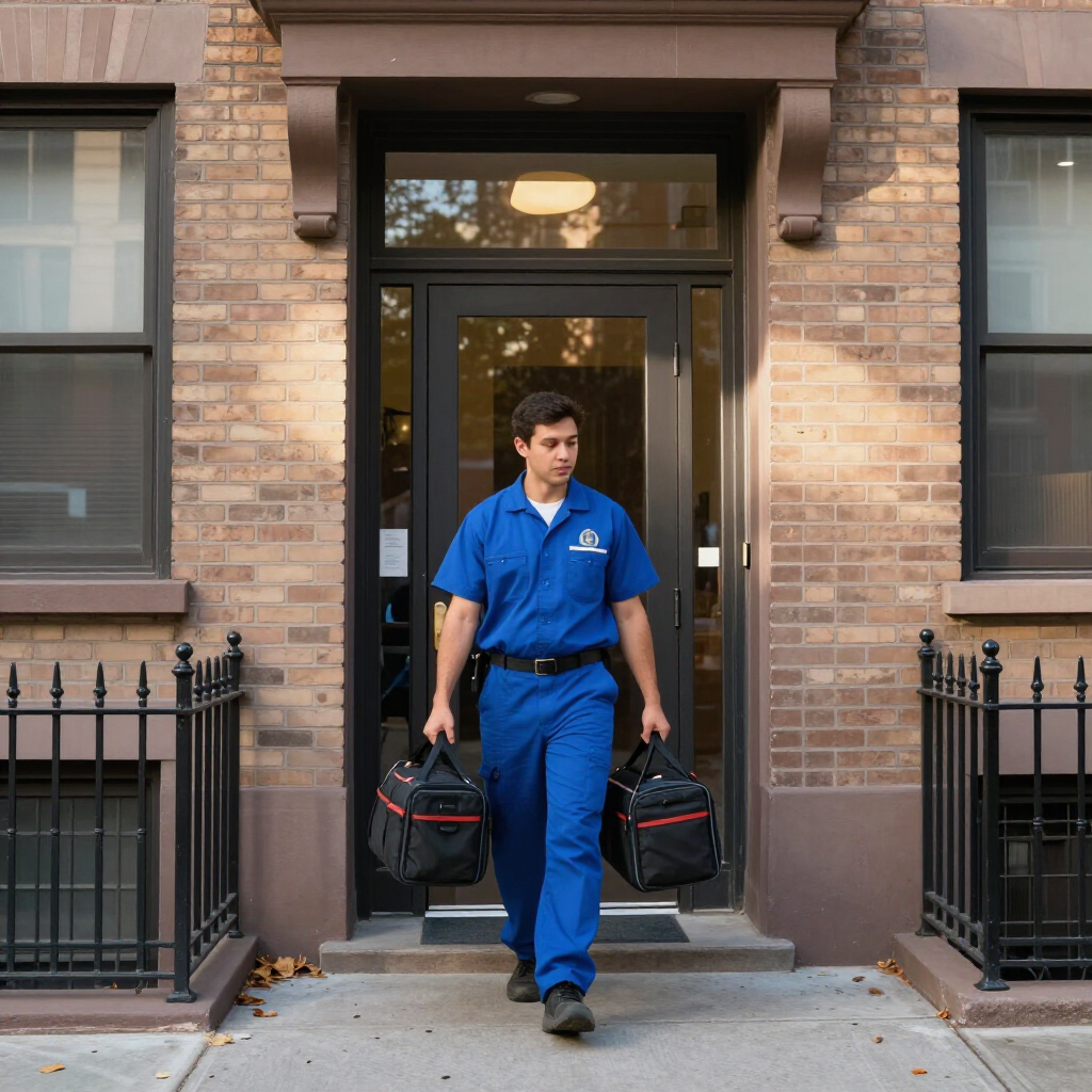 Worker in blue uniform carries two tool bags out of a brick building entrance
