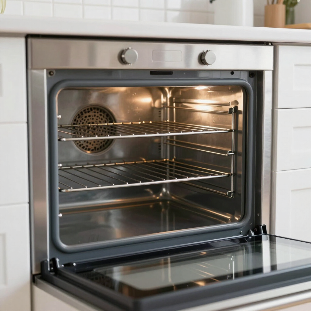 Open stainless steel oven with door down, illuminated interior and metal racks in a kitchen.