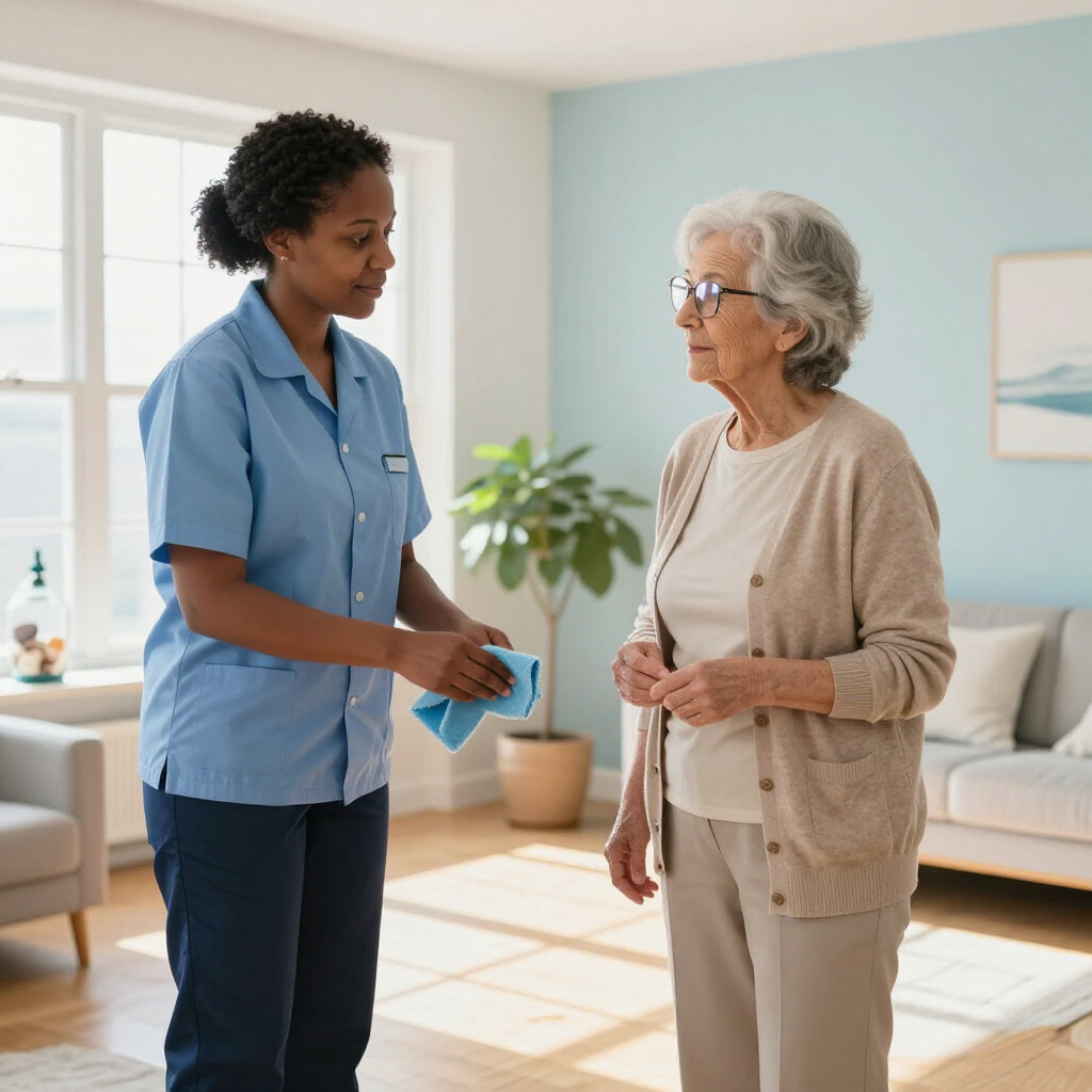 Nurse speaking with an elderly woman in a bright living room, holding a blue cloth