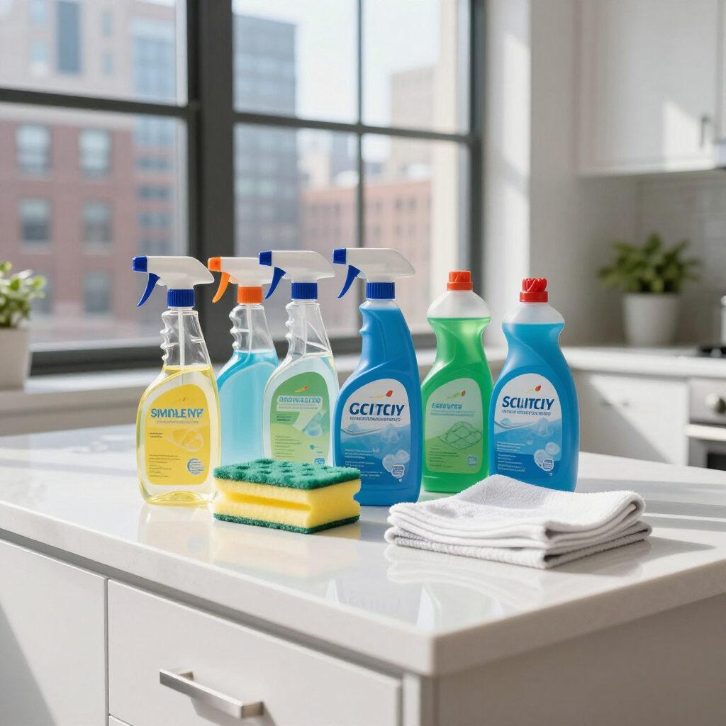 Cleaning spray bottles and cloths on a white kitchen counter by a bright window
