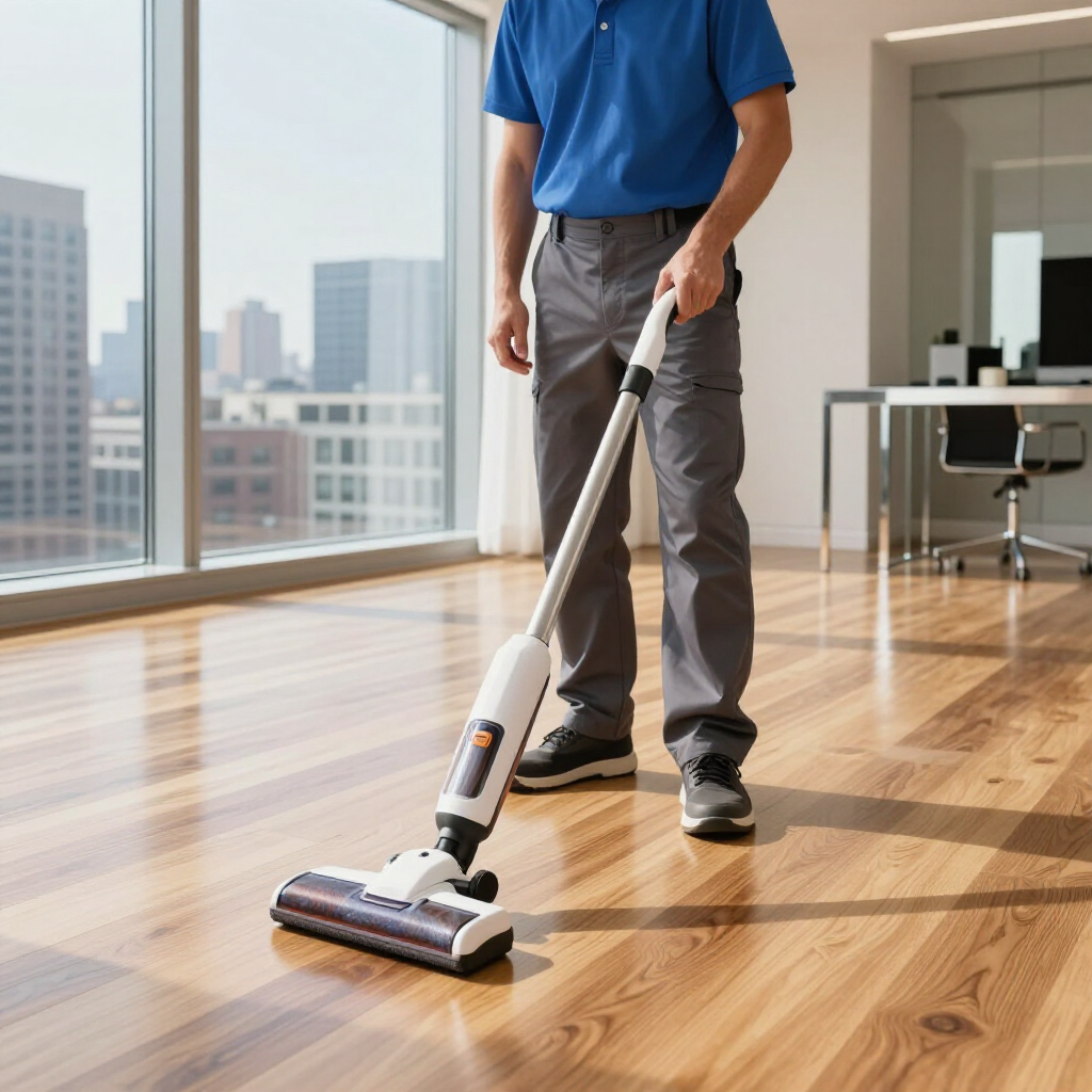 Person vacuuming a sunlit hardwood floor in a modern office space