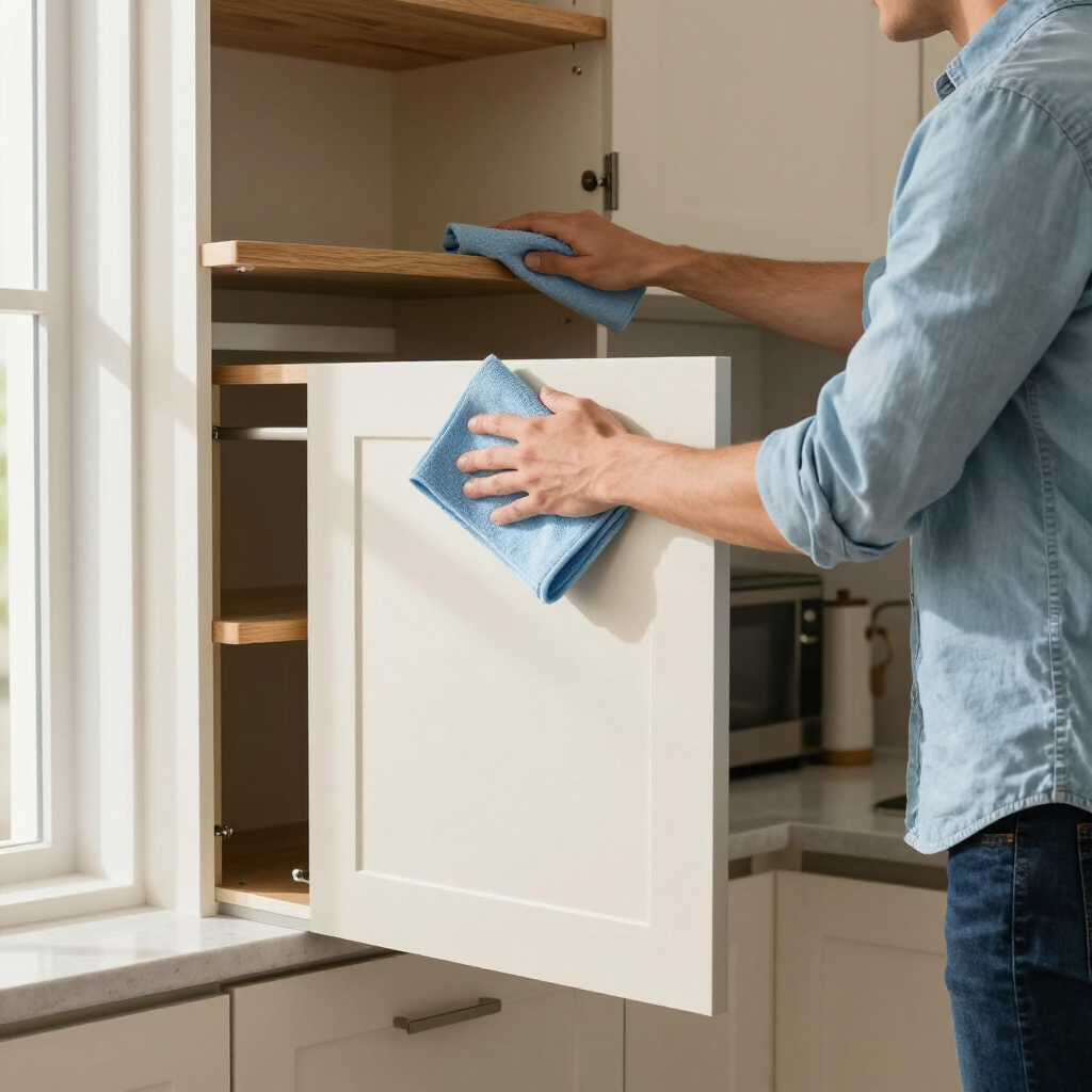 Person cleaning white kitchen cabinet doors with a blue cloth near a window