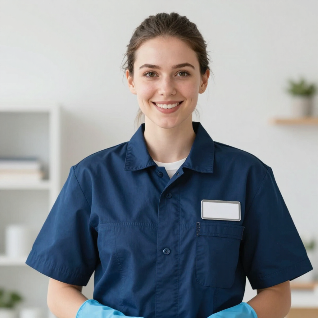 Smiling person in a blue work uniform standing indoors against a bright background