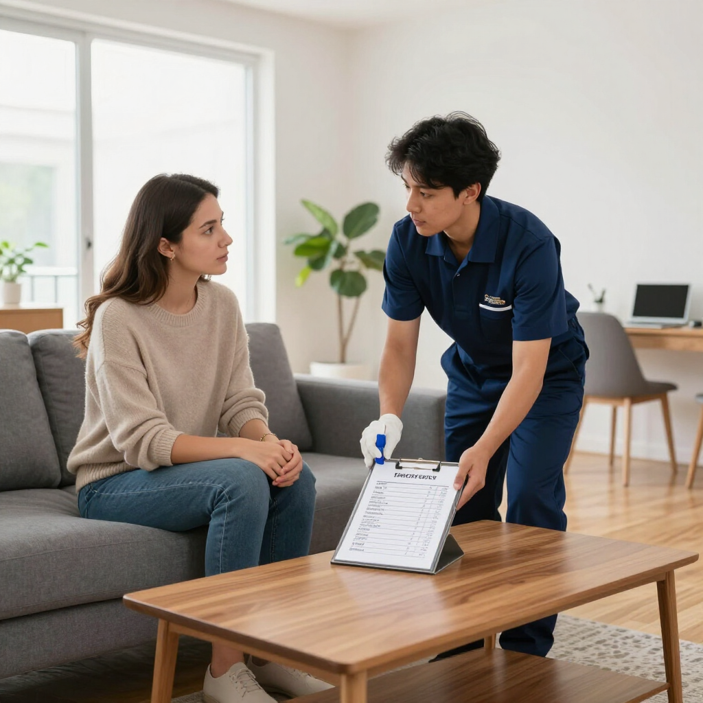 Caregiver shows seated patient a clipboard in a bright living room during a home visit