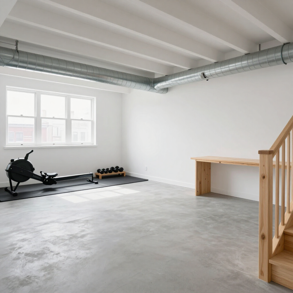 Bright minimalist home gym with rowing machine, exercise mat, dumbbells, wooden desk, and stairs by a window.
