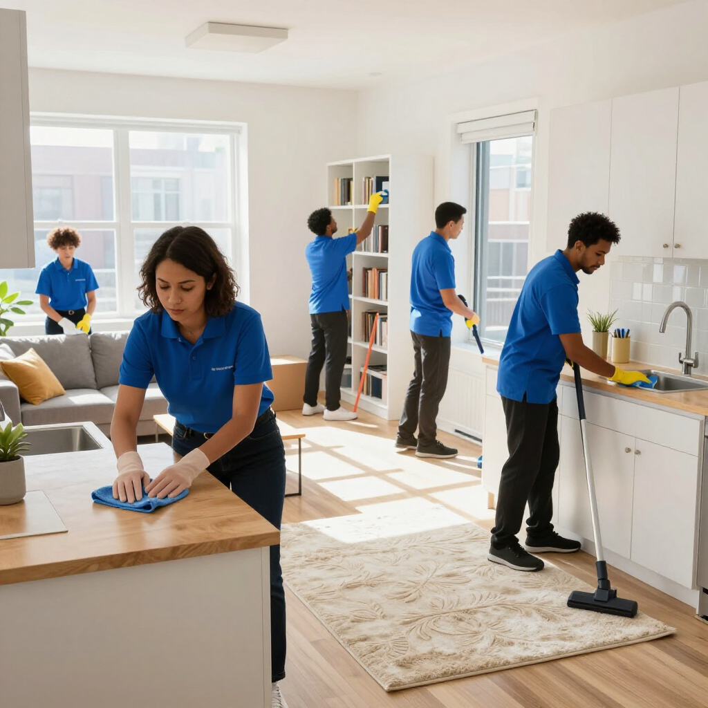 People in blue shirts cleaning a bright kitchen, wiping counters, dusting shelves, and washing dishes.