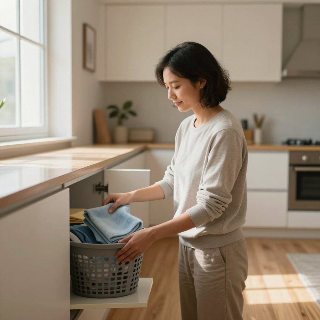 Woman folding laundry in a bright kitchen beside a sunlit window