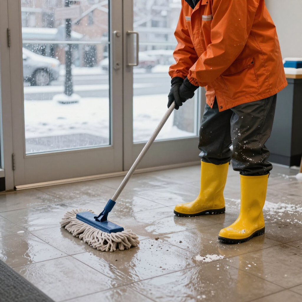 Worker in orange jacket mopping a wet tiled floor indoors near glass doors, wearing yellow boots.