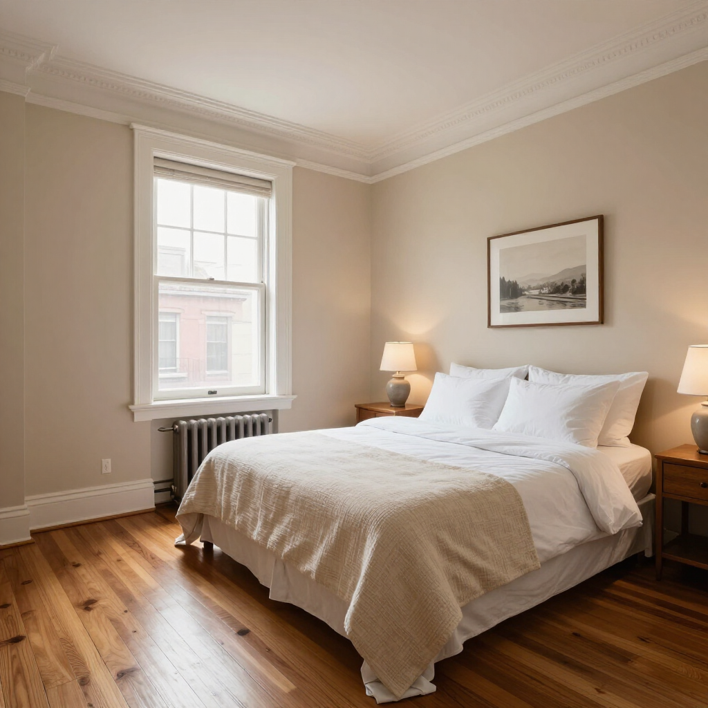 Bright bedroom with a made bed, hardwood floors, two lamps, and a window letting in daylight.
