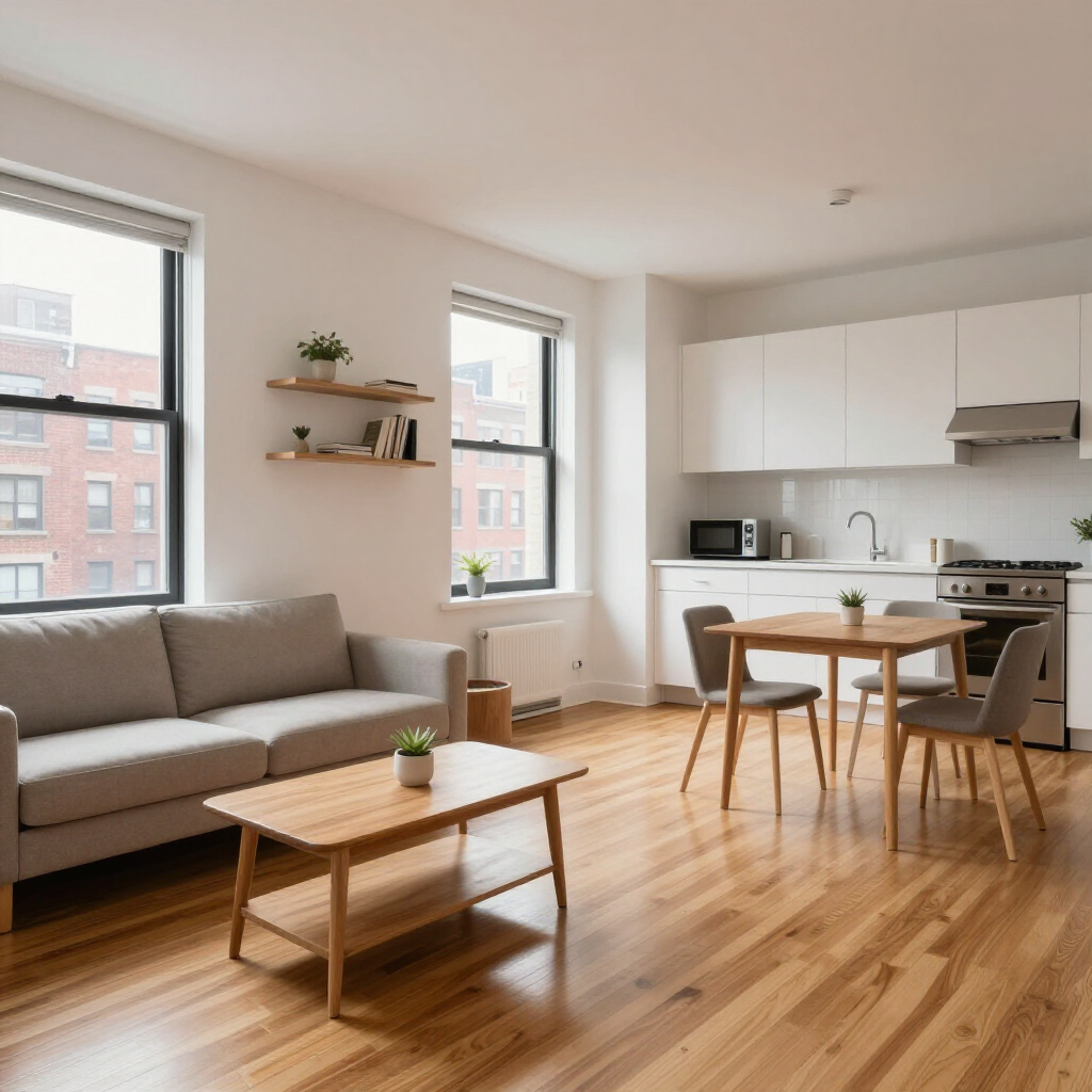 Bright open-plan living room with gray sofa, wooden coffee table, dining table, and kitchen area