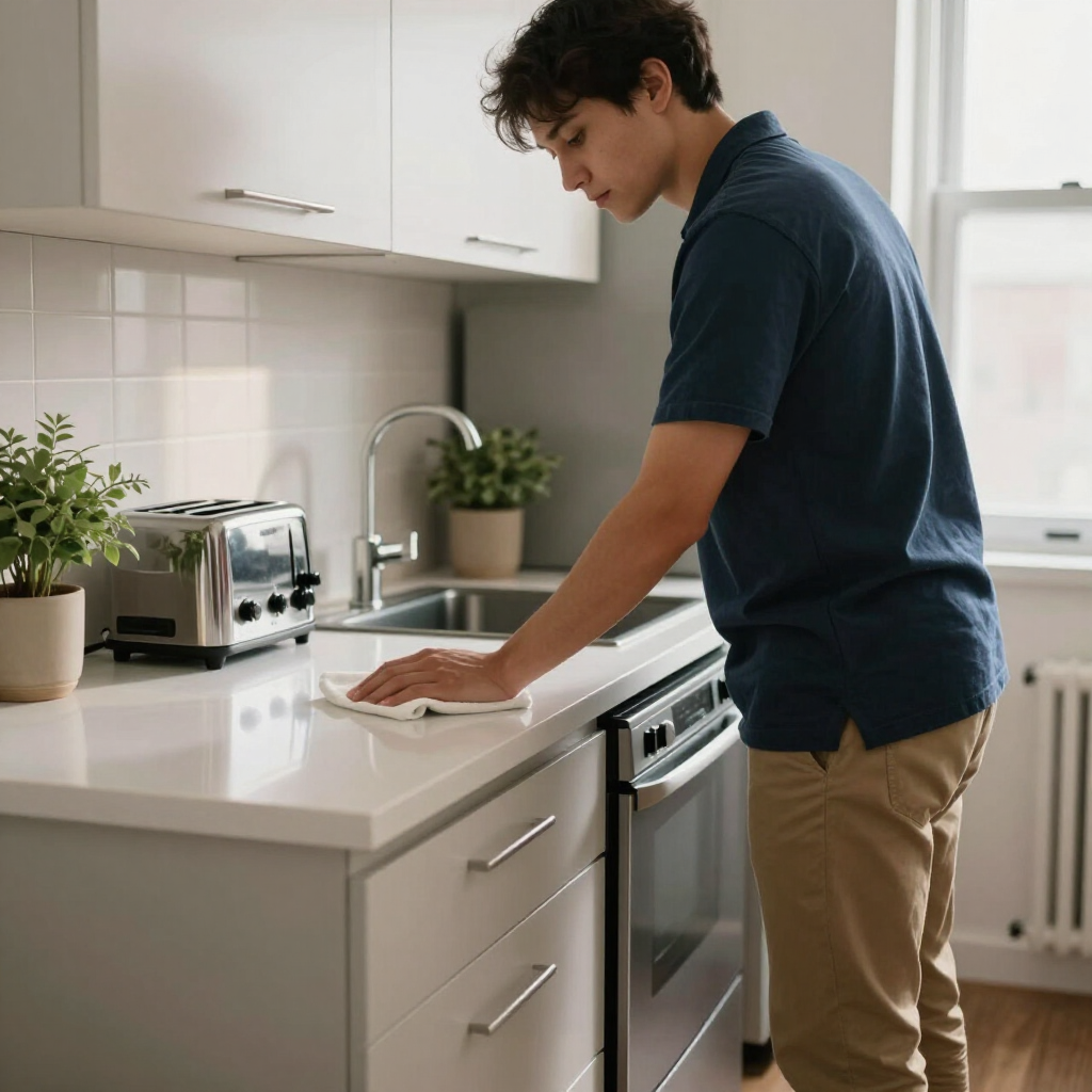 Man wiping a kitchen counter beside a stove and sink in a bright modern kitchen