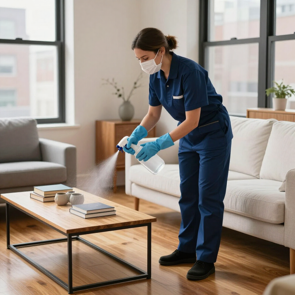 Disinfecting a living room coffee table with spray while wearing gloves and a face mask