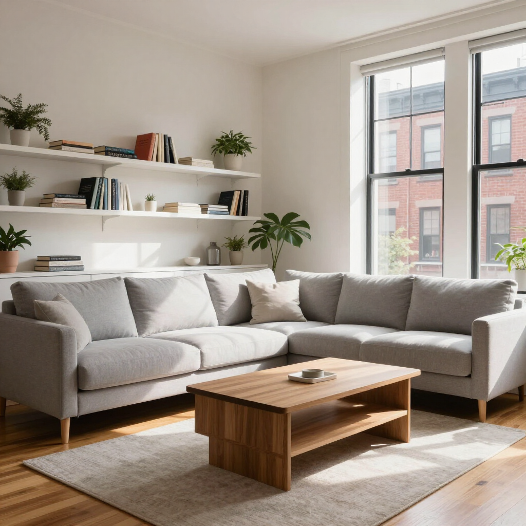 Bright living room with a gray sectional, wooden coffee table, shelves, plants, and a large window