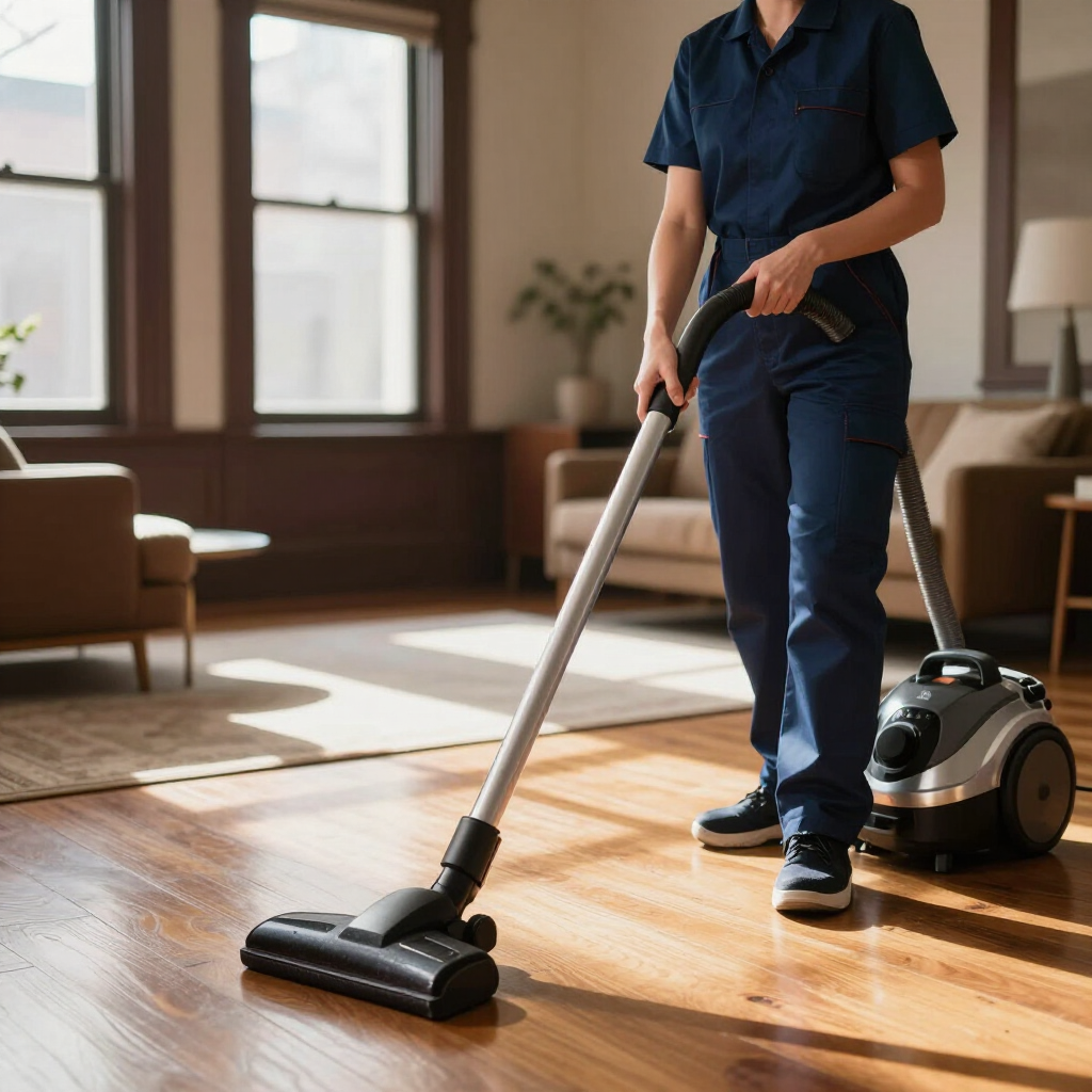 Person vacuuming a sunlit living room with a canister vacuum cleaner