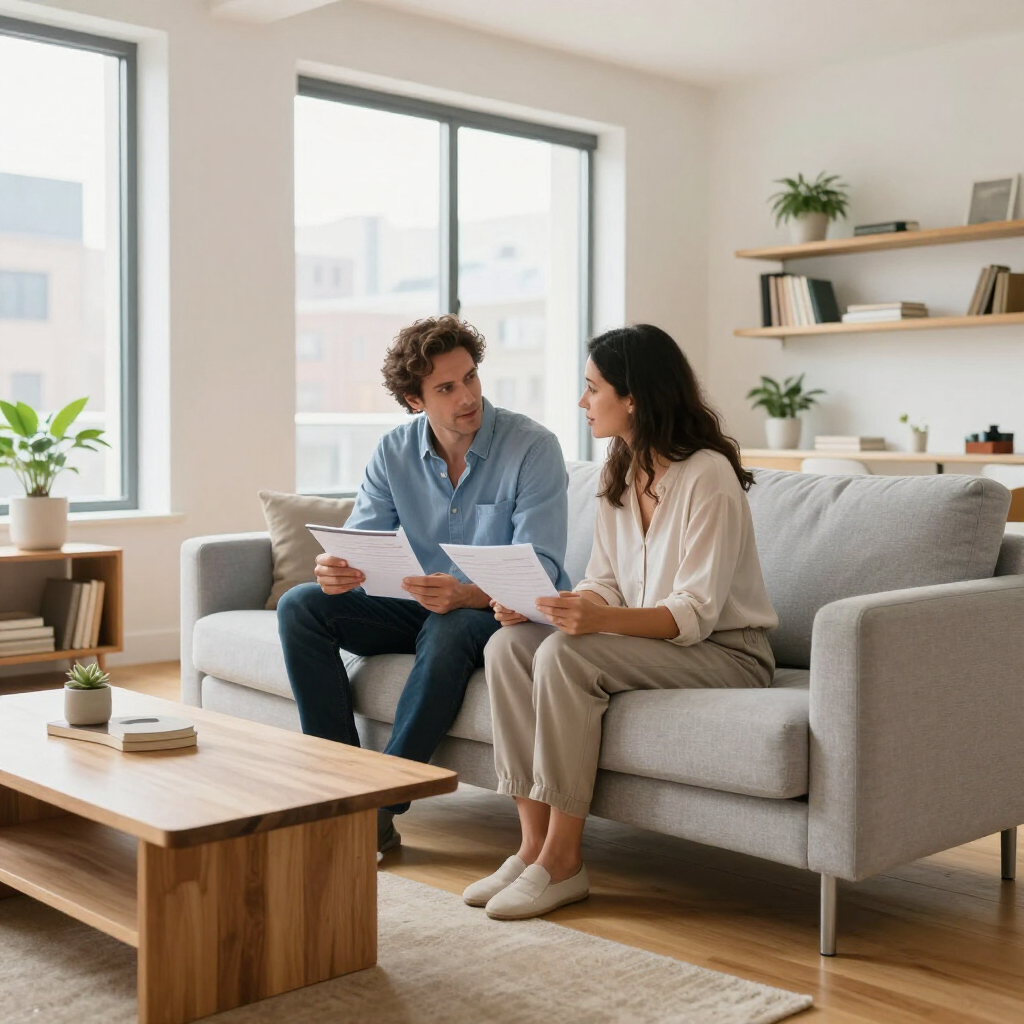Two people reviewing papers on a sofa in a bright living room with large windows and a coffee table.