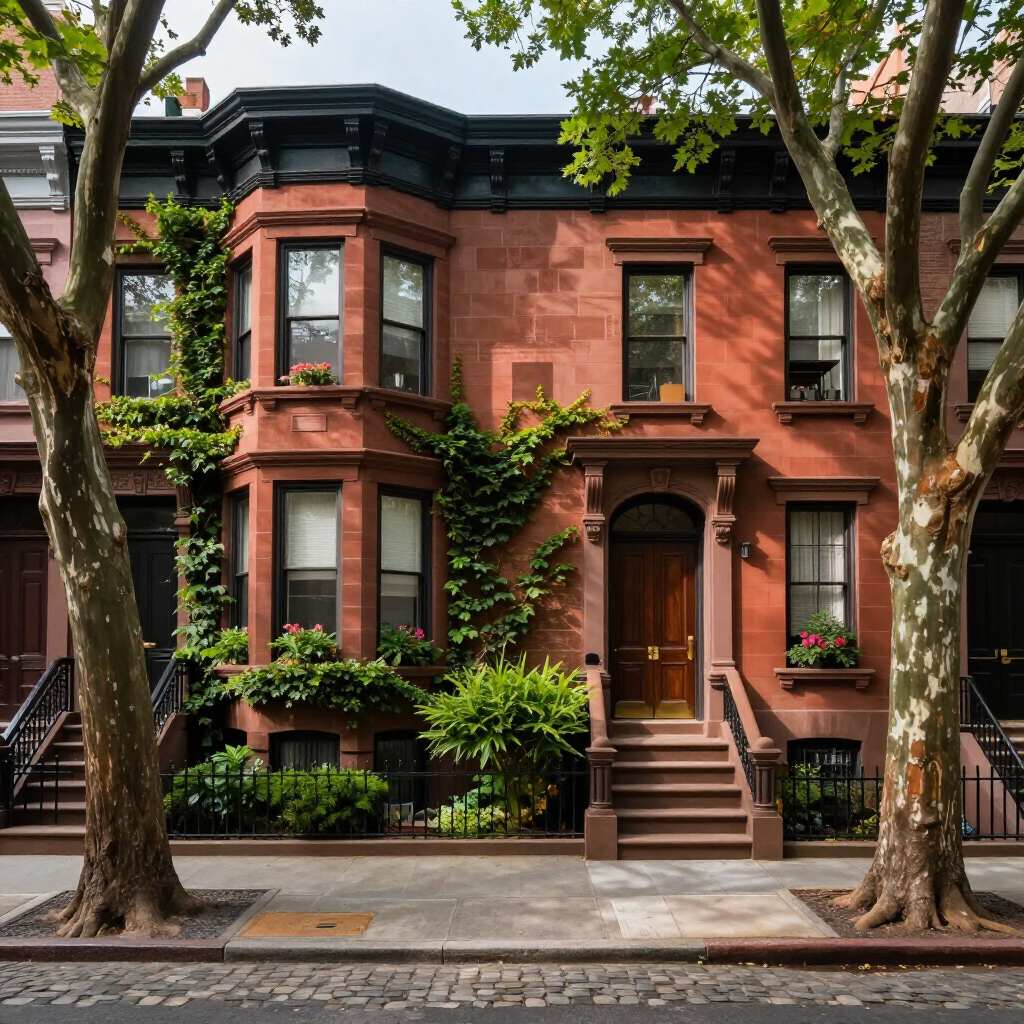 Brown brick townhouse with black trim, ivy-covered facade, and trees lining the sidewalk