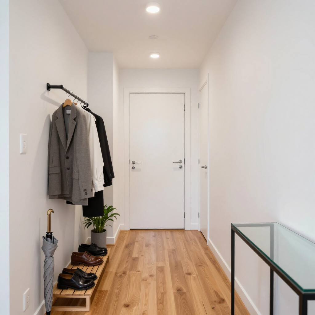 Minimal white hallway with coat rack, shoes, umbrella, and a glass console table.
