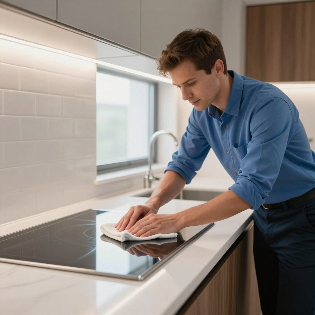 Man wiping a black glass stovetop in a bright modern kitchen