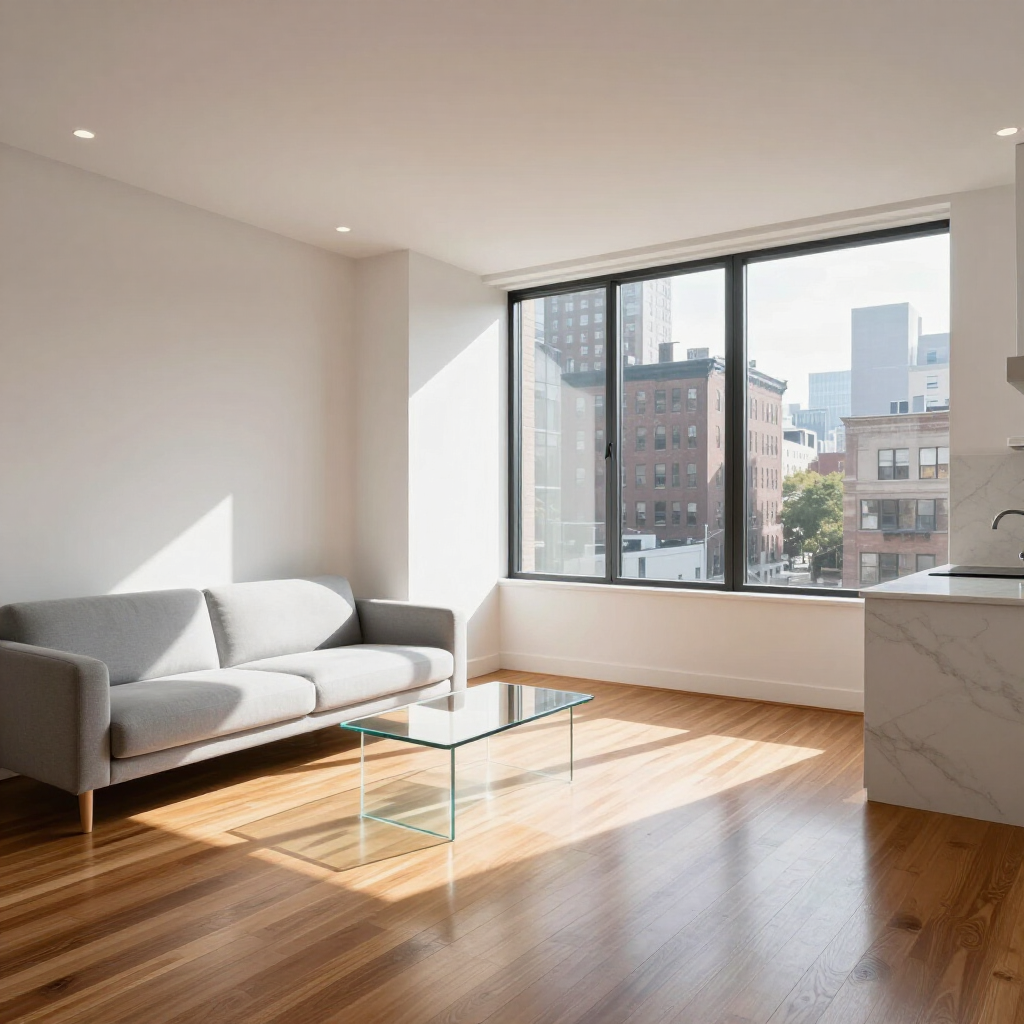 Bright modern living room with a gray sofa, glass coffee table, wood floor, and large sunlit window.