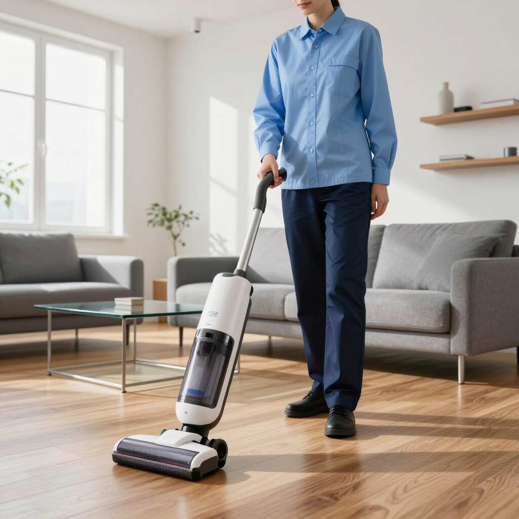 Person using a white cordless vacuum on a hardwood floor in a bright living room