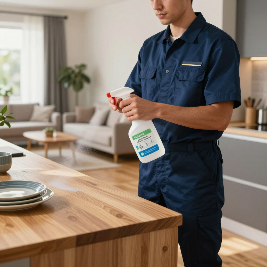 Man in blue workwear spraying cleaner on a wooden kitchen table in a modern living room