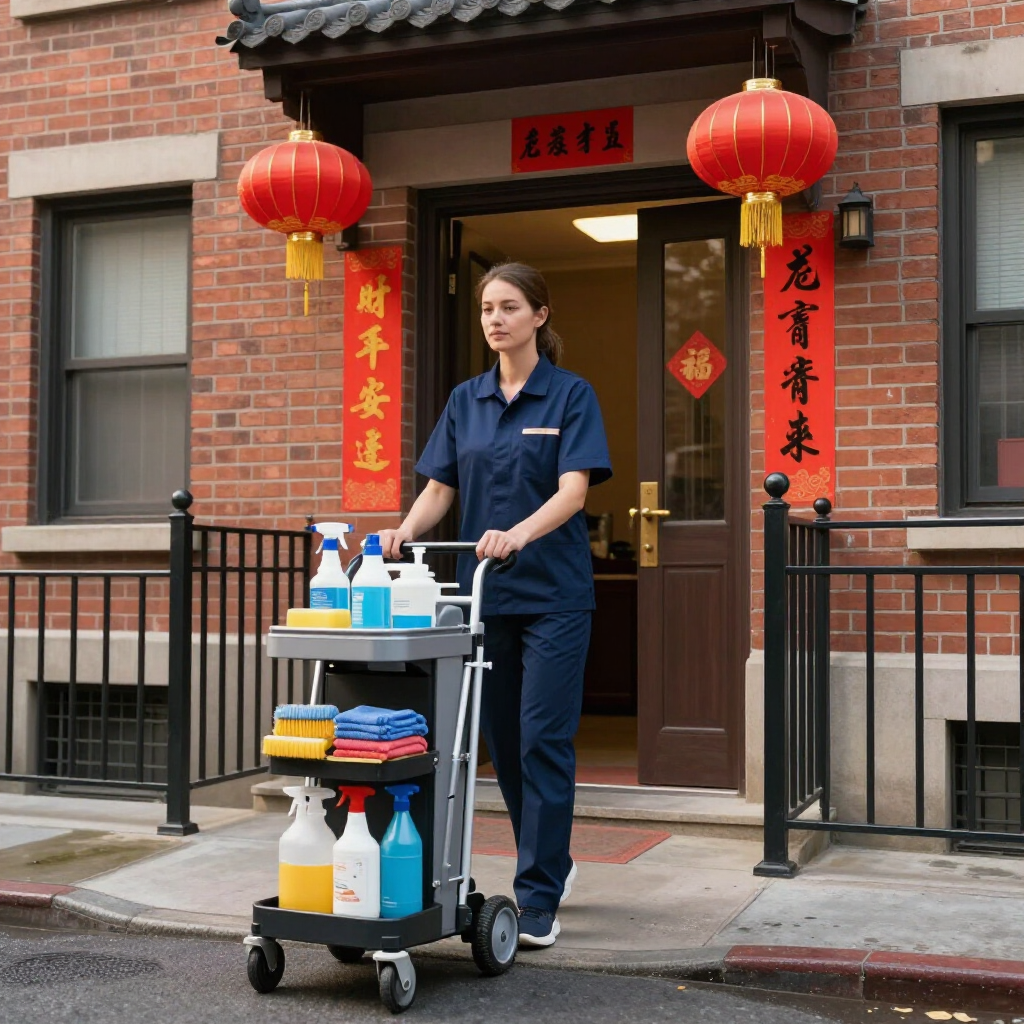 Worker in navy uniform stands by a cleaning cart outside a brick building with red lanterns and Chinese signs