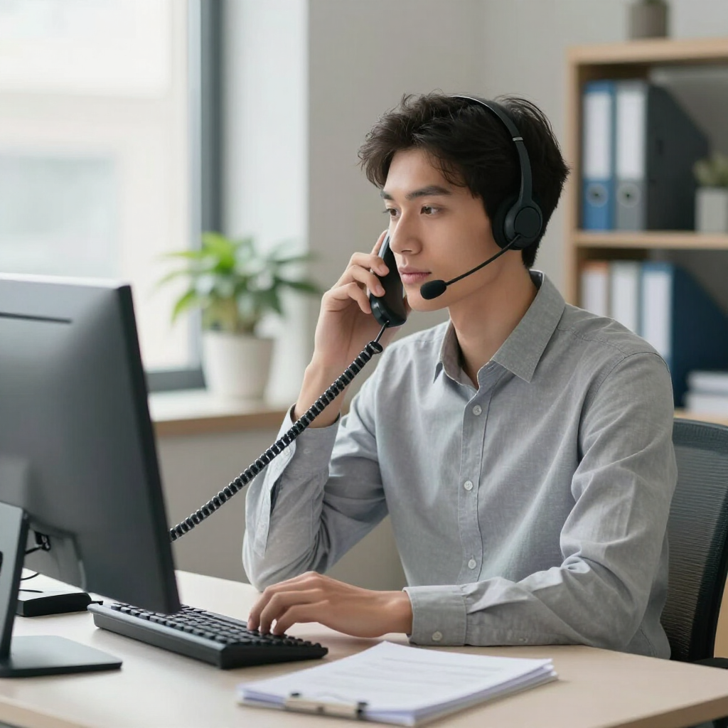 Office worker wearing a headset at a desk, speaking on the phone beside a computer and notebook.