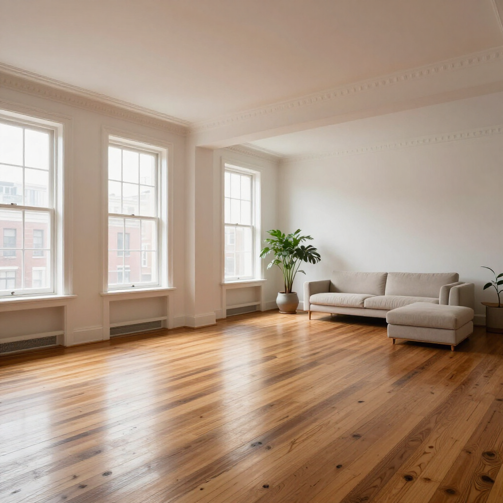 Bright empty living room with hardwood floors, large windows, and a beige sectional sofa.
