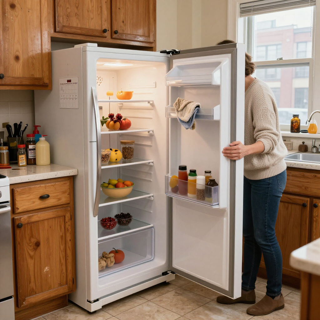 Person stocking an open white refrigerator in a cozy kitchen with wood cabinets.
