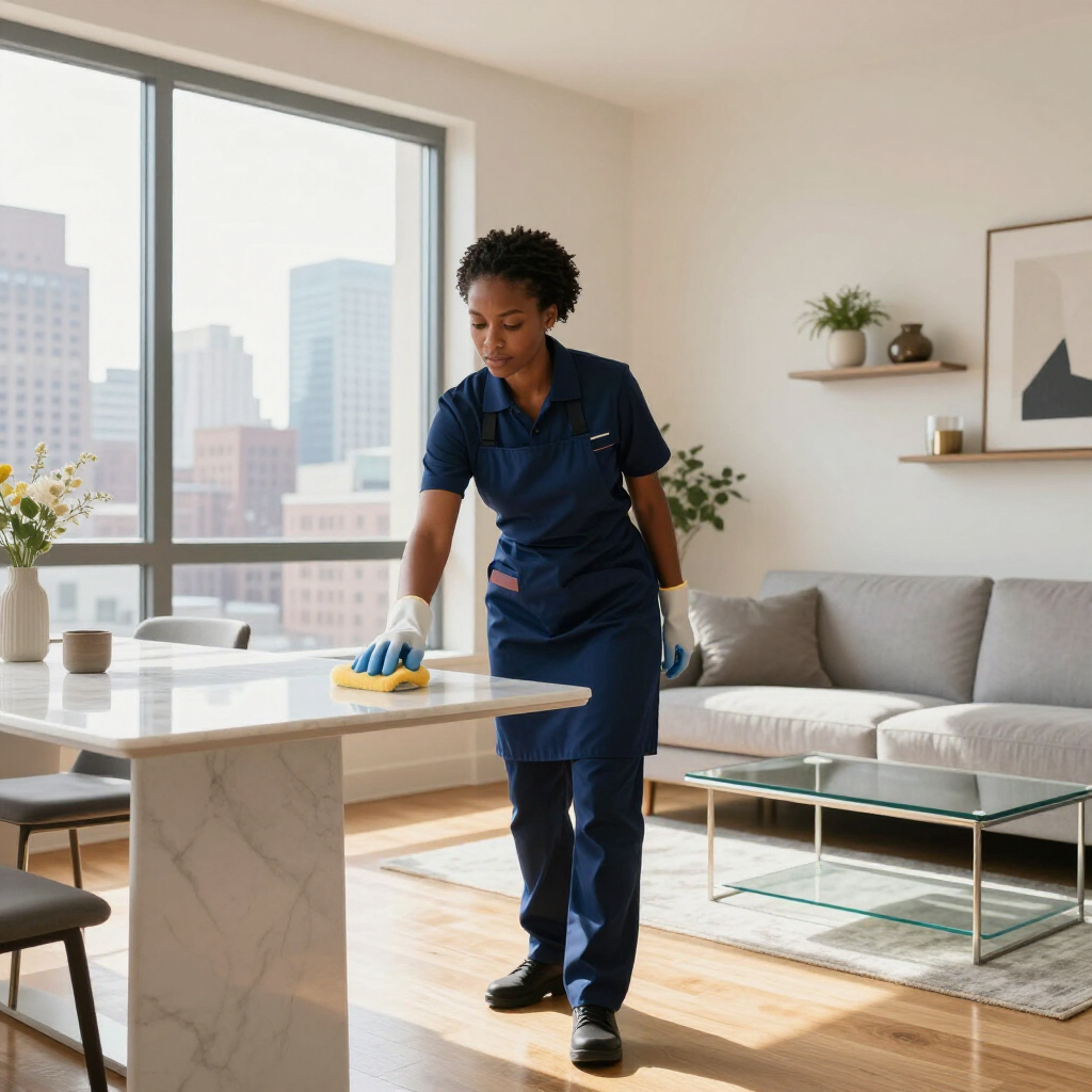 Cleaner wiping a marble table in a bright modern living room with large windows and a gray sofa