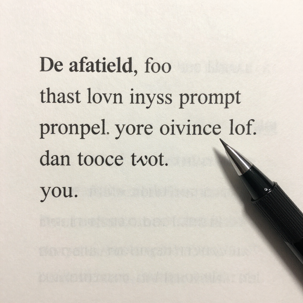 Close-up of a pen pointing at blurred printed text on a white page.