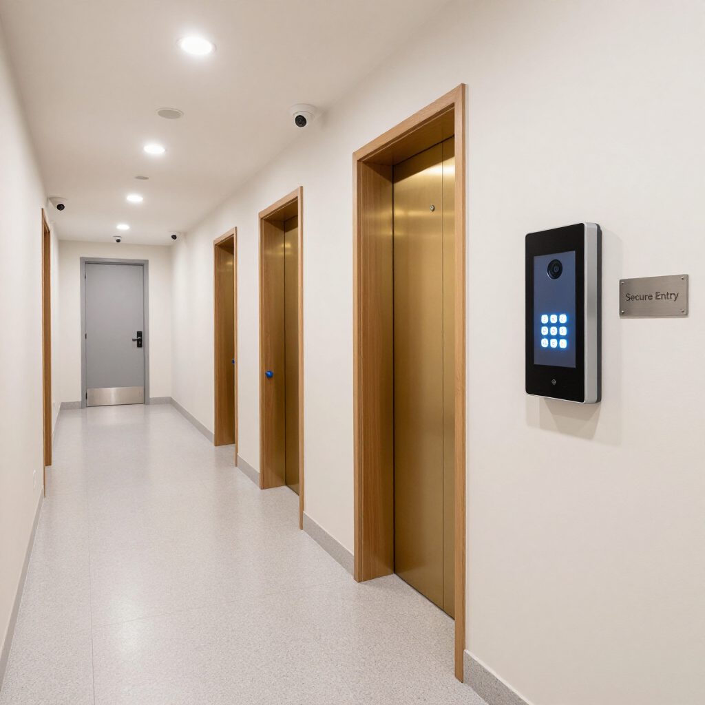 Bright hallway with gold elevator doors and a wall-mounted keypad access panel.