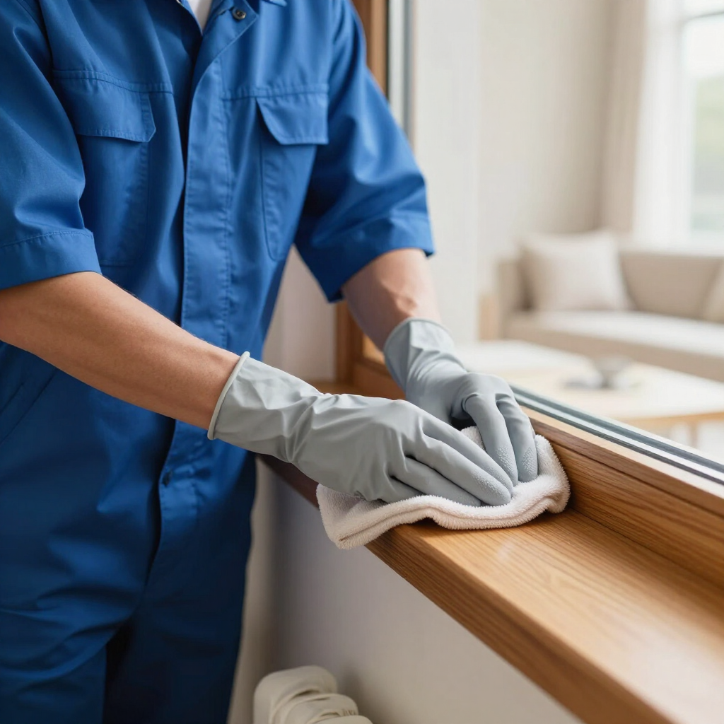 Worker in blue uniform wiping a wooden windowsill with a cloth and gray gloves