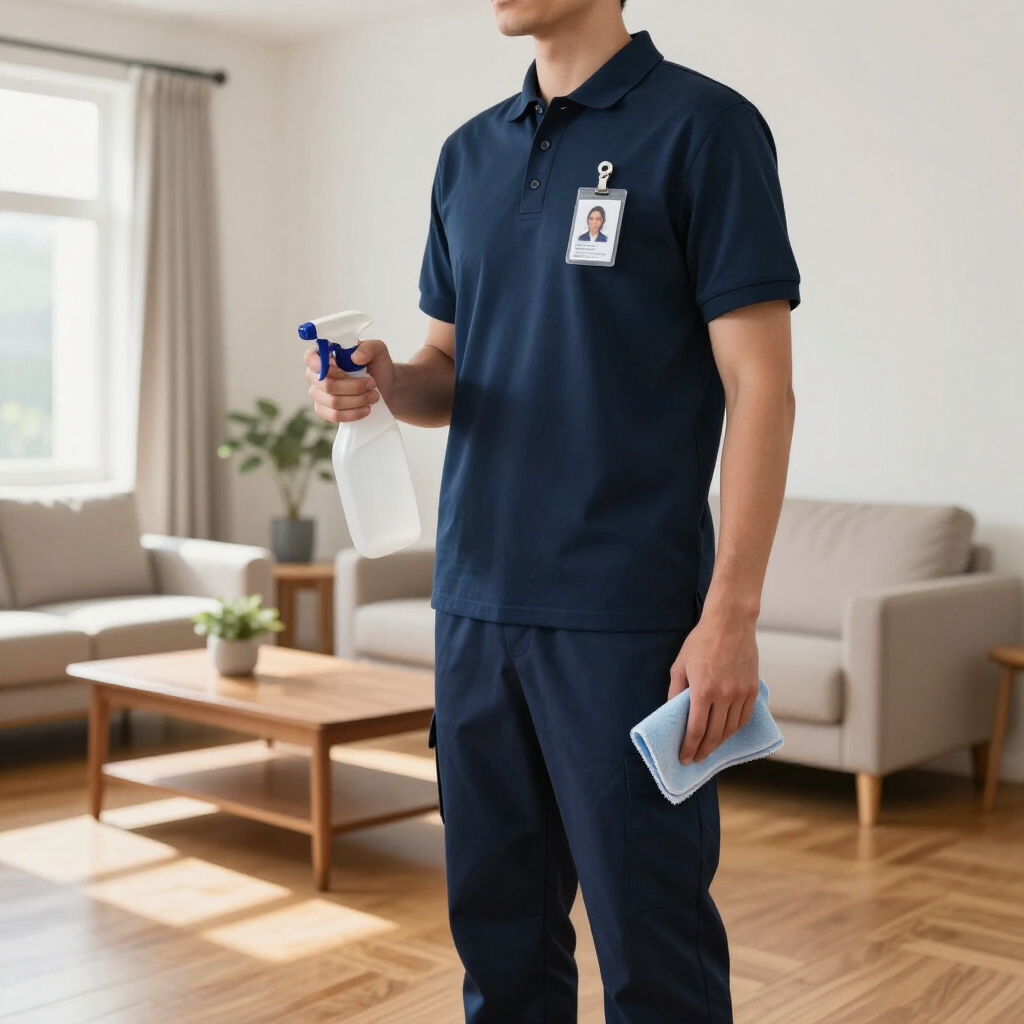 Healthcare worker in navy scrubs disinfecting a living room with spray and cloth