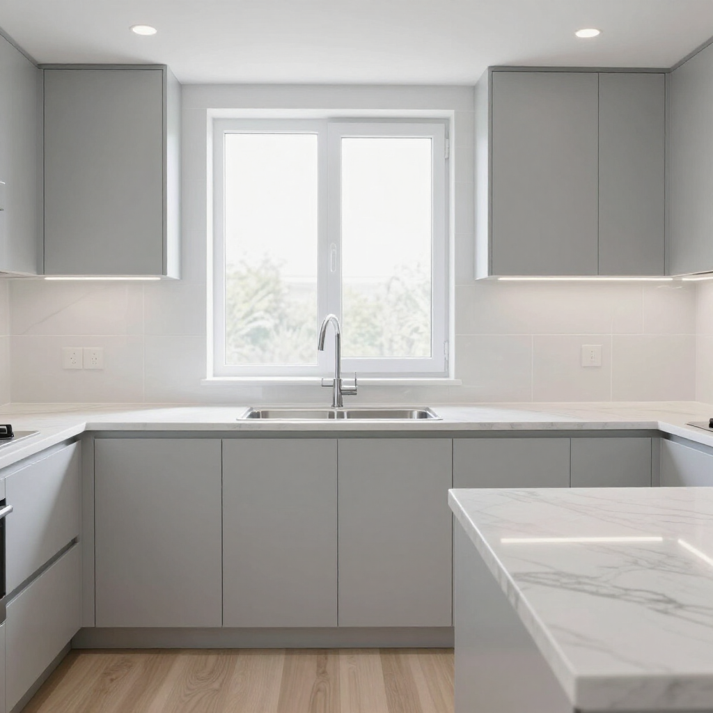 Modern gray kitchen with white countertops, sink under a window, and a light wood floor