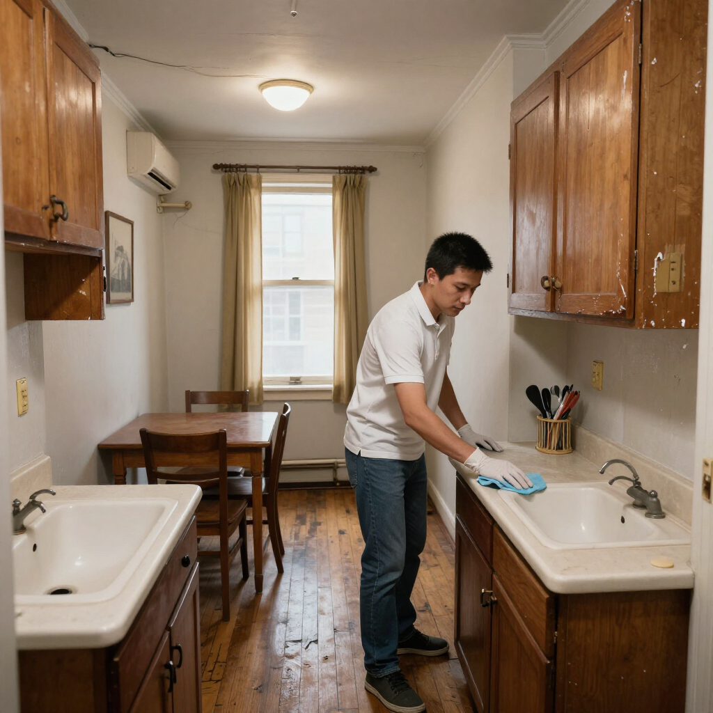 Man wiping a kitchen sink with a cloth in a narrow, wood-cabinet kitchen.