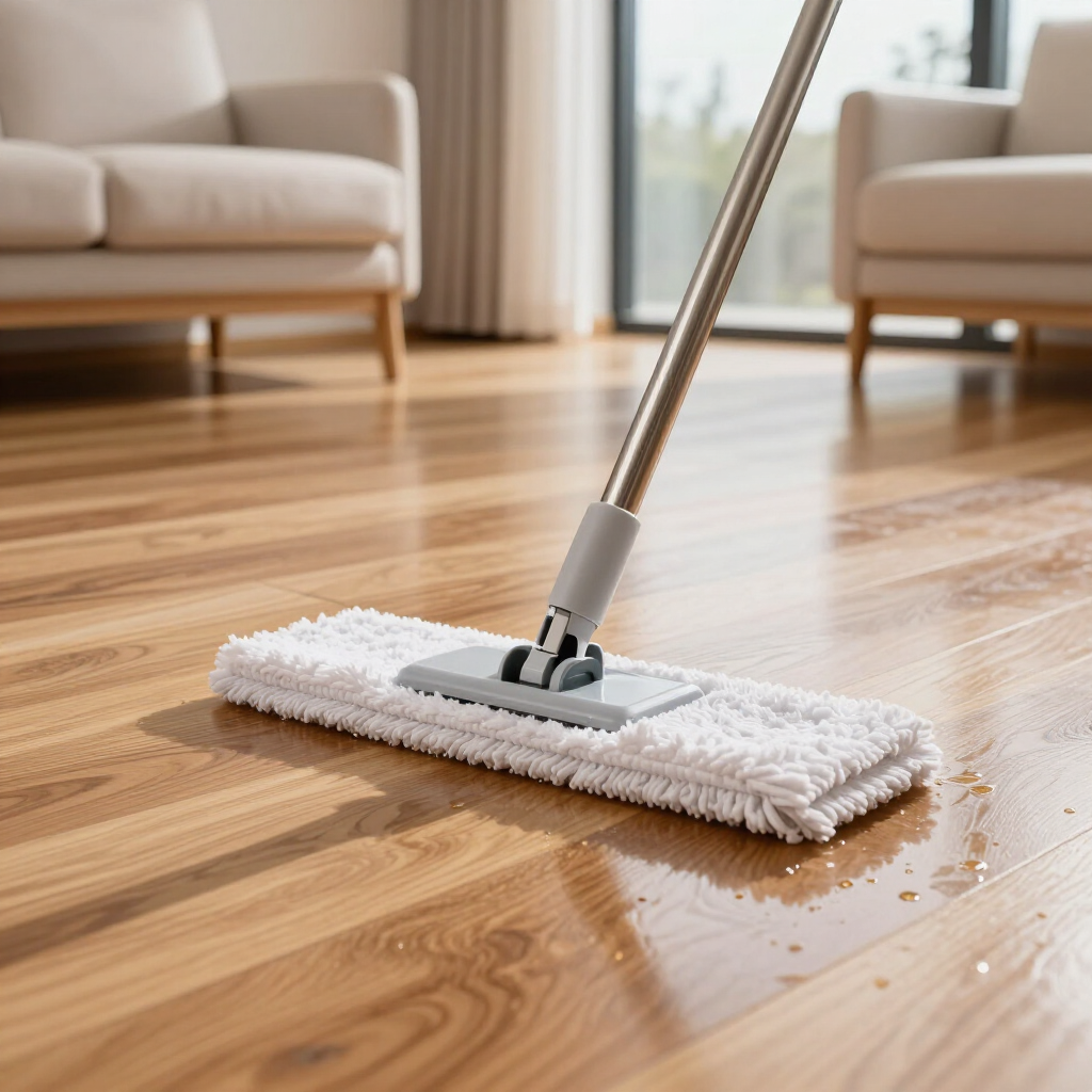 Mop cleaning a spilled liquid on a polished wooden floor in a bright living room
