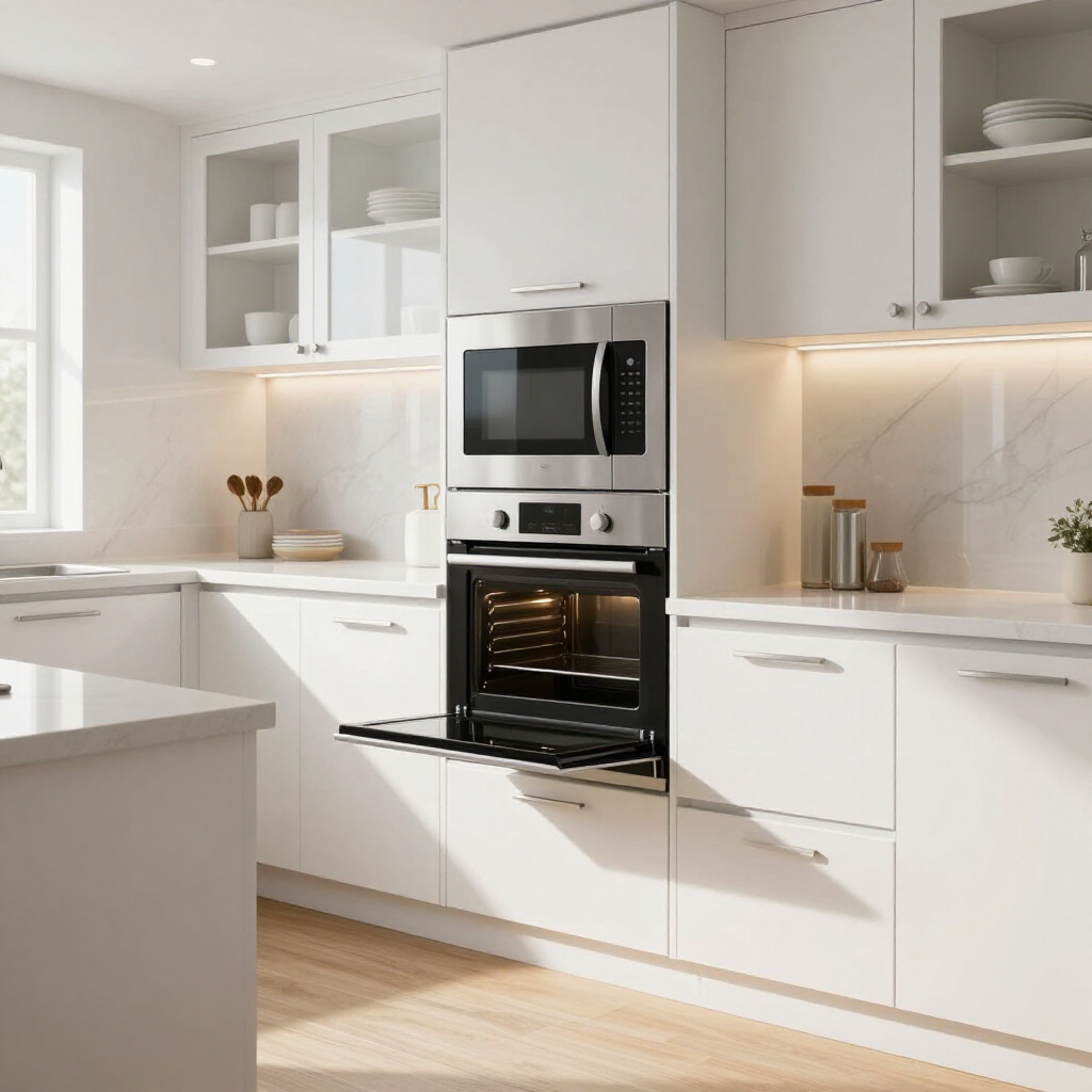 Bright modern white kitchen with built-in microwave, open oven, and sunlit countertops