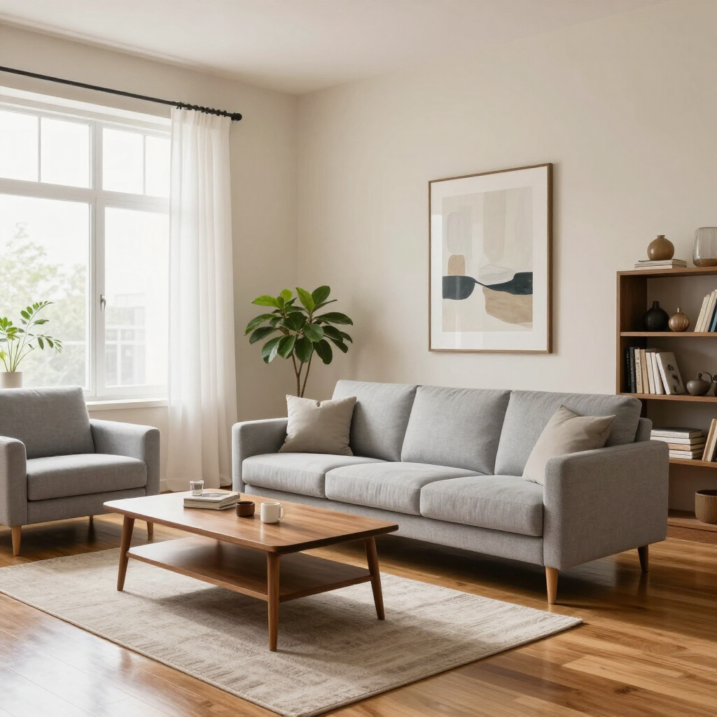 Bright living room with gray sofa, wooden coffee table, armchair, plant, rug, and wall art near a window.