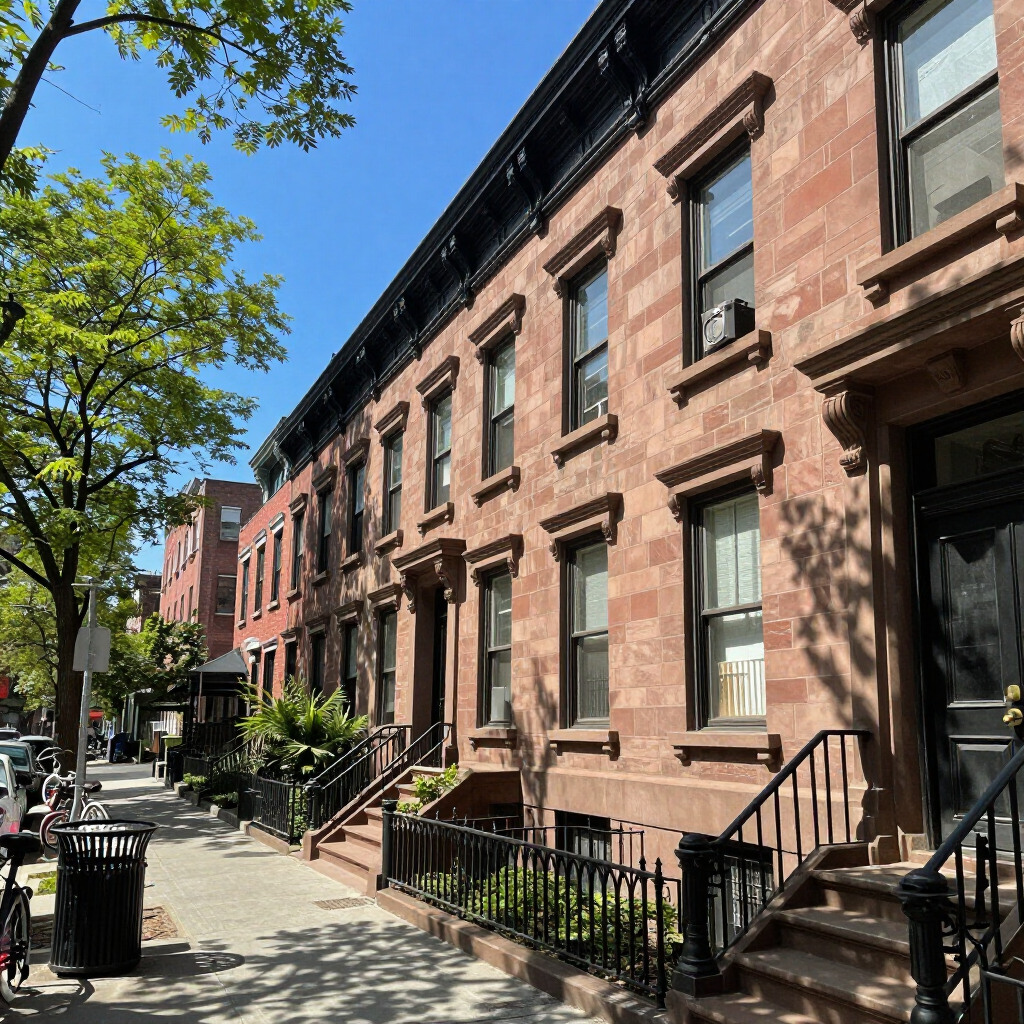 Sunlit row of brownstone townhouses with stoops along a tree-lined city sidewalk