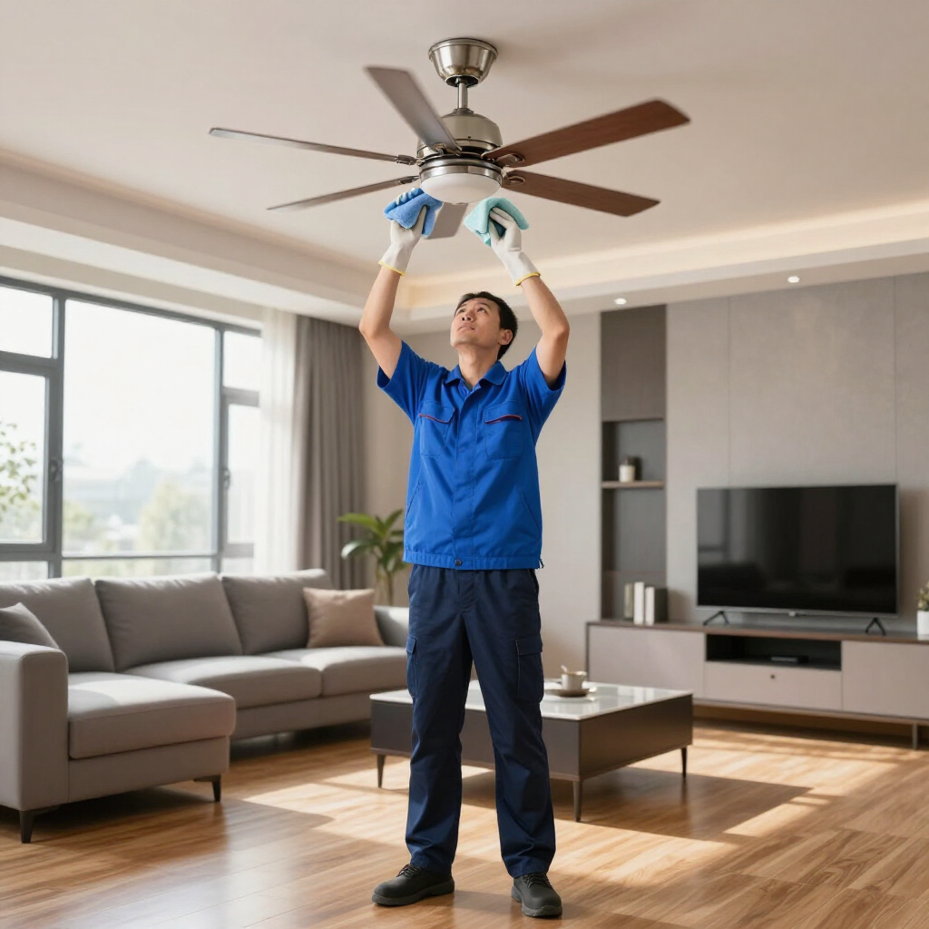 Person in blue work clothes replacing a ceiling fan in a modern living room