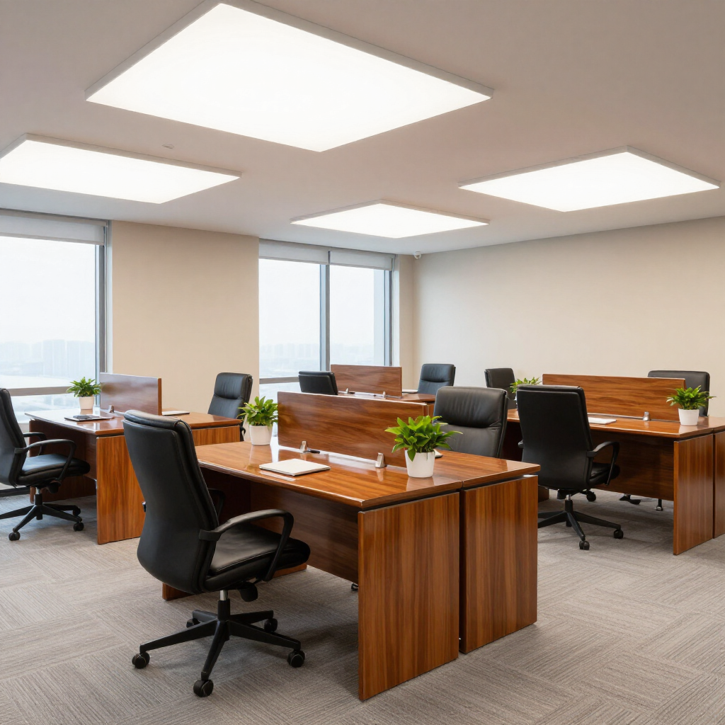 Modern office with wooden desks, black chairs, potted plants, and bright ceiling lights
