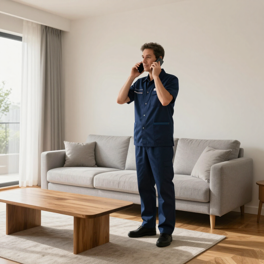 Man in navy scrubs talking on a phone in a bright living room beside a gray sofa and wooden coffee table